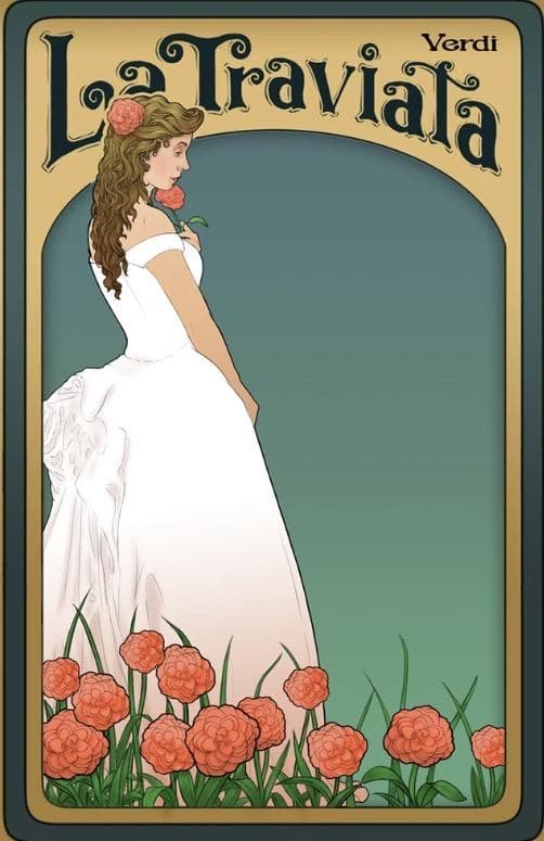 An Art Nouveau poster for Verdi's La Traviata: a woman in a white gown looking back over her shoulder, among red carnations